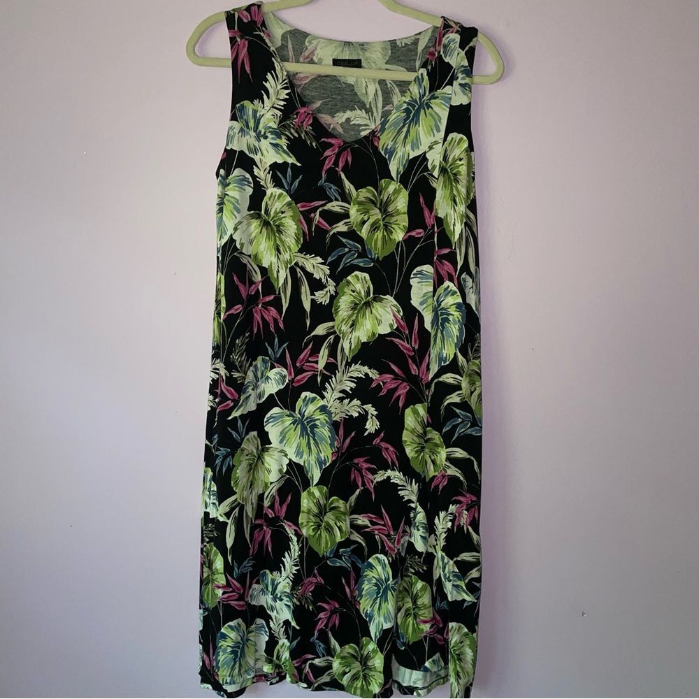 J Jill Size XS Mini Dress Soft Jersey Knit Black Tropical Leaf Print Sleeveless